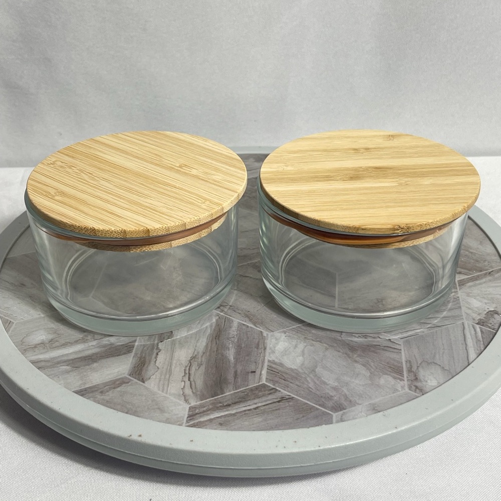 Material Kitchen Glass Canister Set of 2 w Bamboo Lids 10oz New